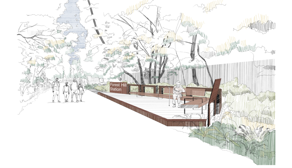 Conceptual rendering of the exterior installation for Forest Hill Station, depicting a raised wood deck with seating along a pathway. Plantings and mature trees surround the deck, and a sign reading “Forest Hill Station” is installed at one end.