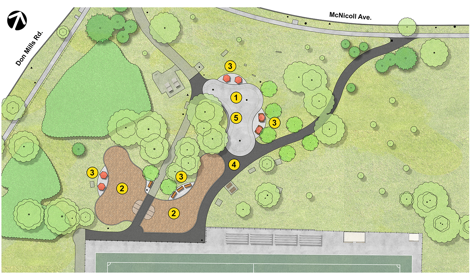 Site plan for McNicoll Park, showing the separate splash pad and playground zones along the accessible pathways. The plan also shows the existing tree coverage, new accessible pathways connecting the playground and splash pad area to McNicoll Avenue, and seating areas. Features are numbered and correspond to the list after the image. 