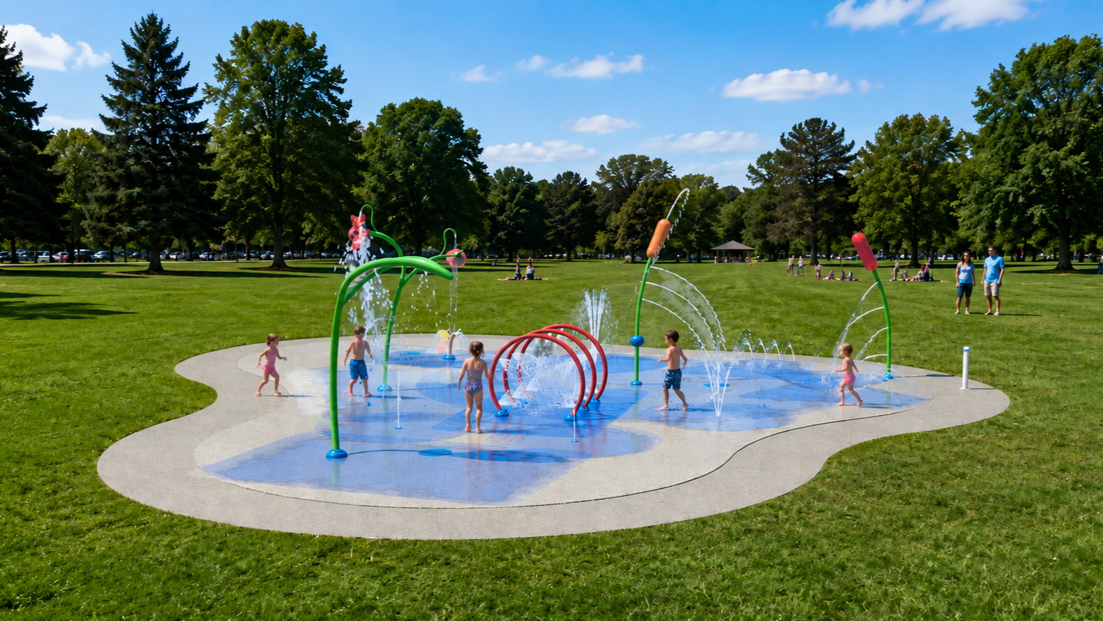 Splash pad option A, Nature Themed, shown from a wide front view in a grassy park setting. Children play among green leaf and cattail spray features, red spray loops, ground jets, fountain and geyser sprays, and arched water streams, with benches, pathways, and trees.