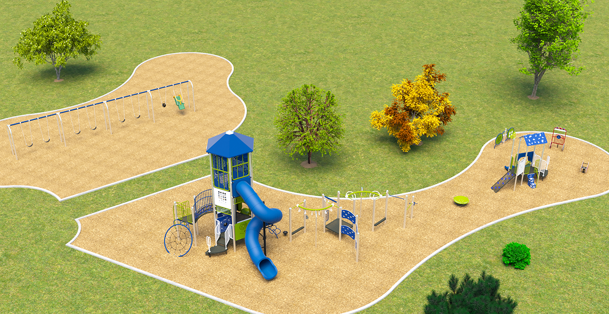Option C playground shown from an aerial view, with a Blue Imp senior tower structure, junior play structure, swing area, freestanding spinner, accessible fire engine, fire truck spring rider, and safety surfacing.