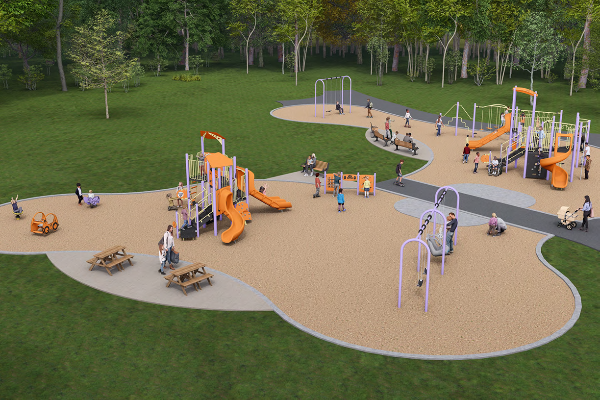 Option A playground shown from a wide aerial view, with connected junior and senior play areas, orange-and-lavender play structures, swings, spinners, spring riders, seating areas, pathways, and protective safety surfacing.