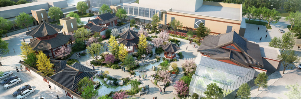 Aerial view of a proposed cultural complex featuring traditional style pavilions, landscaped gardens, flowering trees, pathways and a modern building, surrounded by mature trees.
