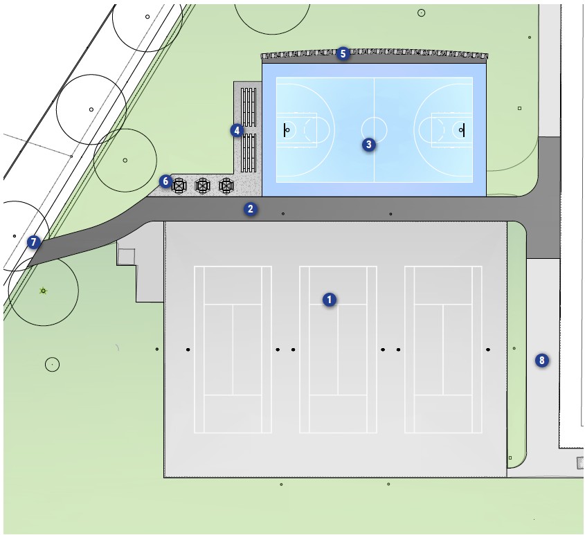 Site plan showing the layout of basketball court design option B. It features one full court with additional seating area with bleachers on the west side. There is also a seat wall on the north side. Features are numbered and correspond to the list after the image.