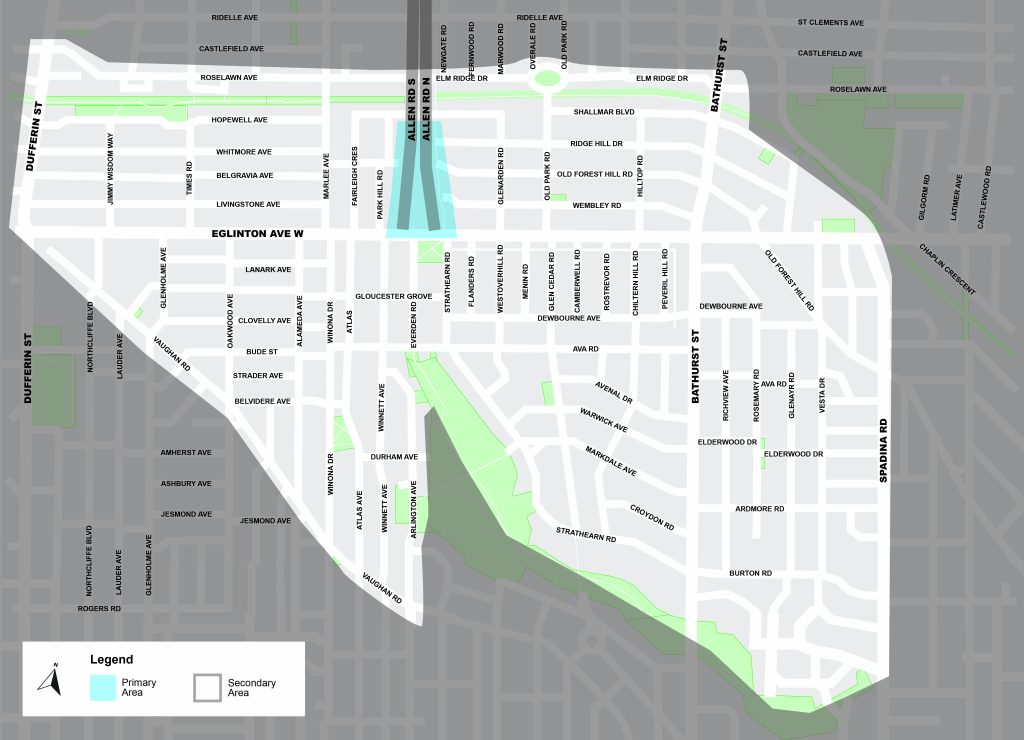 Map showing study area boundaries, including area around intersection highlighted as primary study area and remainder of area noted as secondary study area.