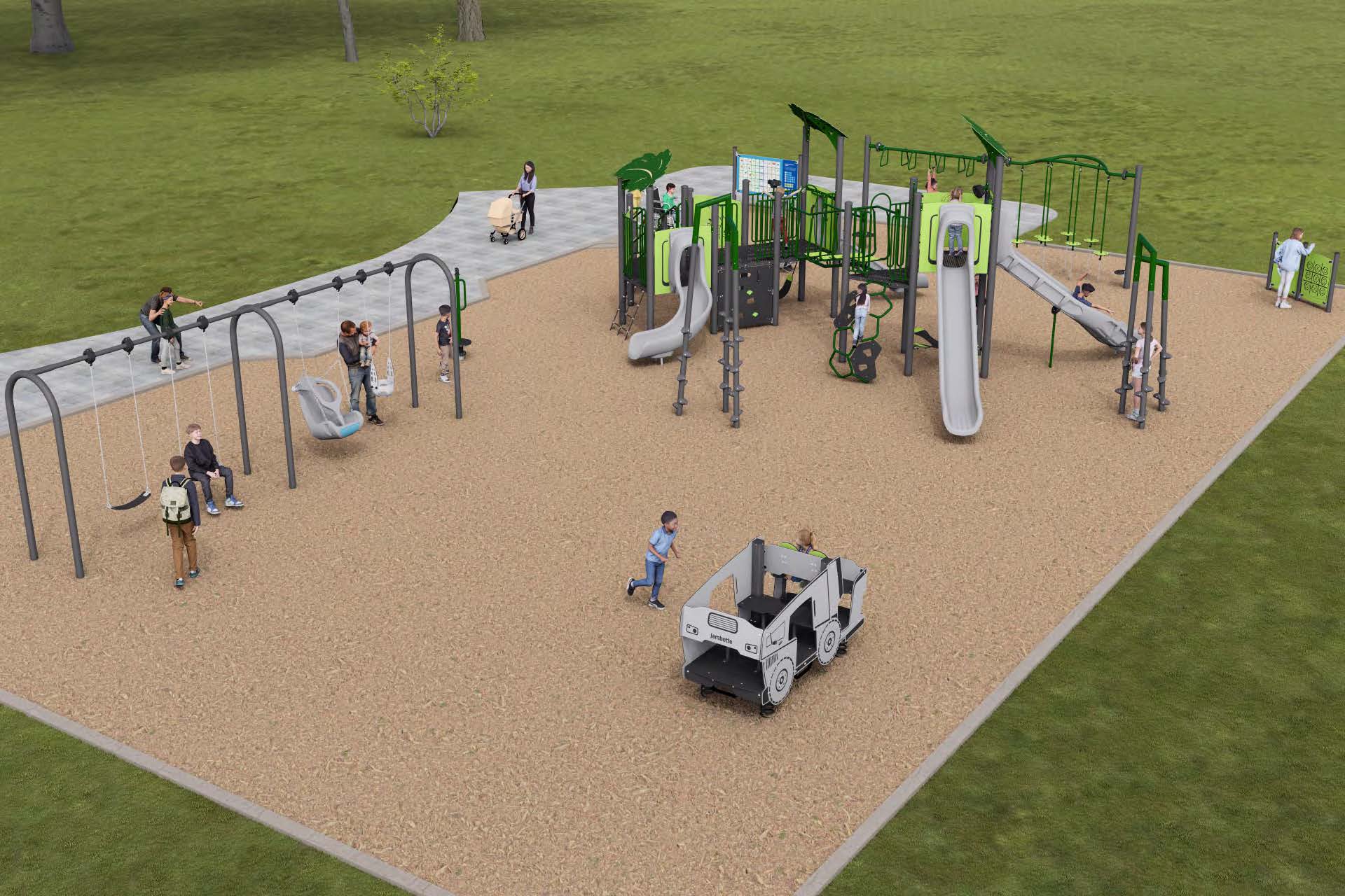 The final design for the new Lionel Conacher Park playground, which has been refined based on community feedback. It will be earthy colours like green, brown and grey and will include the play features listed below.