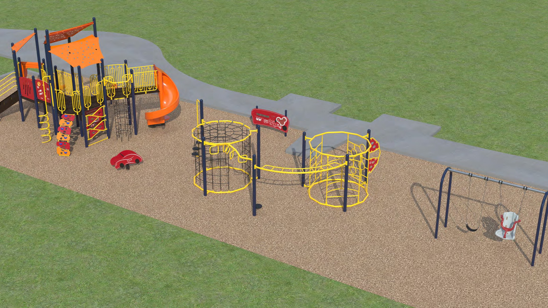 An aerial view of Playground Design option A. From the upper left to the lower right, it includes a combined senior and junior play structure with multiple slides and climbing elements, a large-sized climbing structure with climbing nets, overhead climbers and multiple climbing bars and elements, and a swing set. 