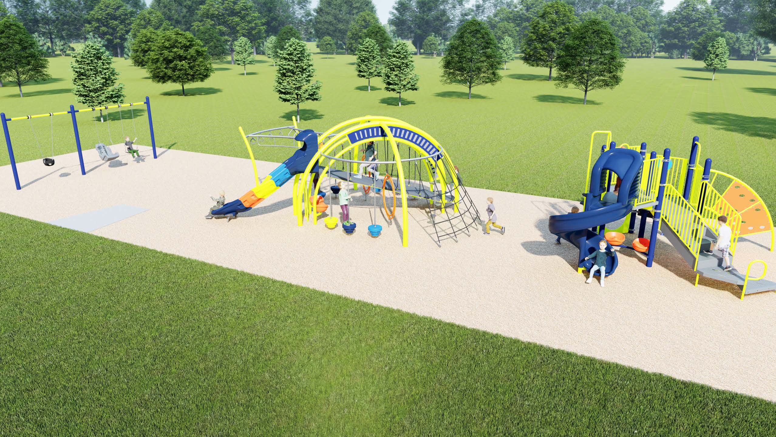 An aerial view of Playground Design option C. From the upper left to the lower right, it includes a swing set, a large climbing structure with a slide and multiple climbing options, and a combined senior and junior play structure with a slide and play panels.
