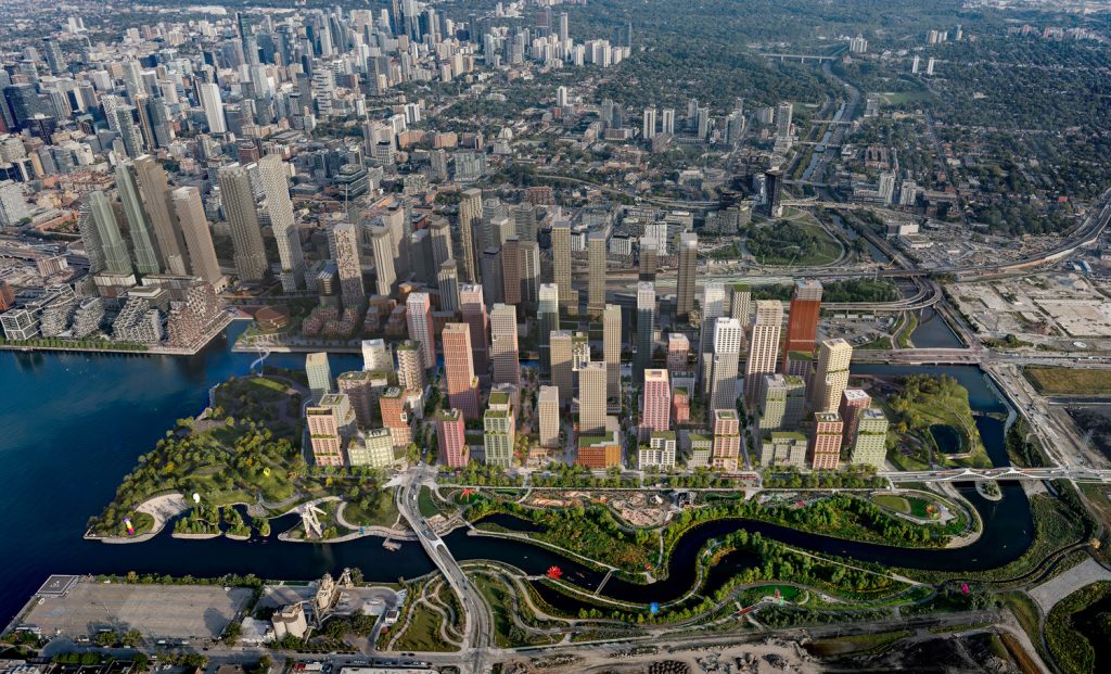 Aerial rending of the Precinct Plan for Ookwemin Minising showing low, mid and high rise buildings framed by Biidaasige Park and the downtown skyline.