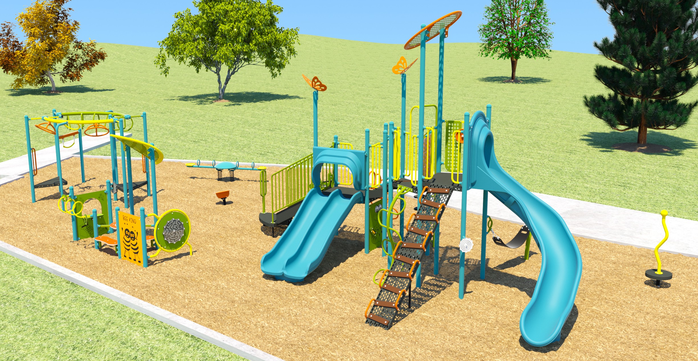 The final design for the new Oak Street Park playground, which has been refined based on community feedback. From right to left in this image: climbers, junior playhouse, main slide structure, and spring toy.