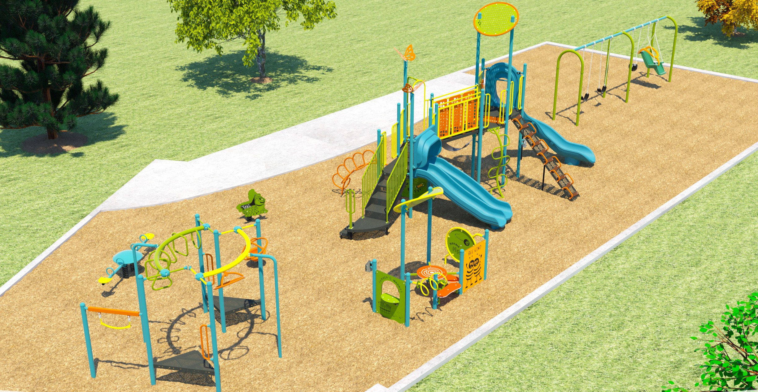 The final design for the new Oak Street Park playground, which has been refined based on community feedback. From right to left in this image: Overhead climber, and junior play area, main slide structure, and accessible swing set.