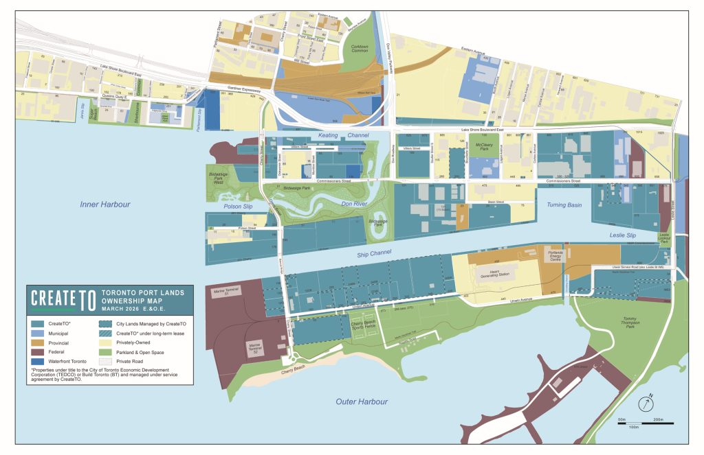 Map outlining mix of land ownership for the Port Lands, including by CreateTO, municipal, provincial, federal, City lands managed by CreateTO, CreateTO under long term lease, privately-owned, parkland and open space, and private roads. 