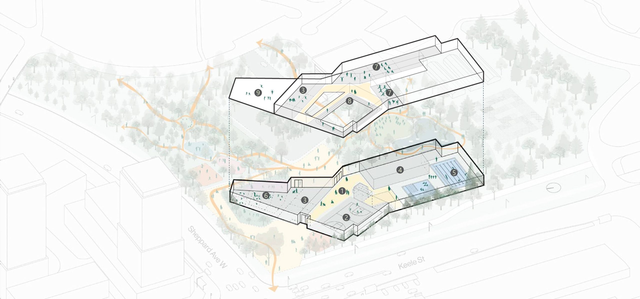 3D diagram of The Lodge option, which includes one building along Keele street that shelters the green space and park to its east. Both levels of the building are outlined and numbered according to the list of features after the image. 