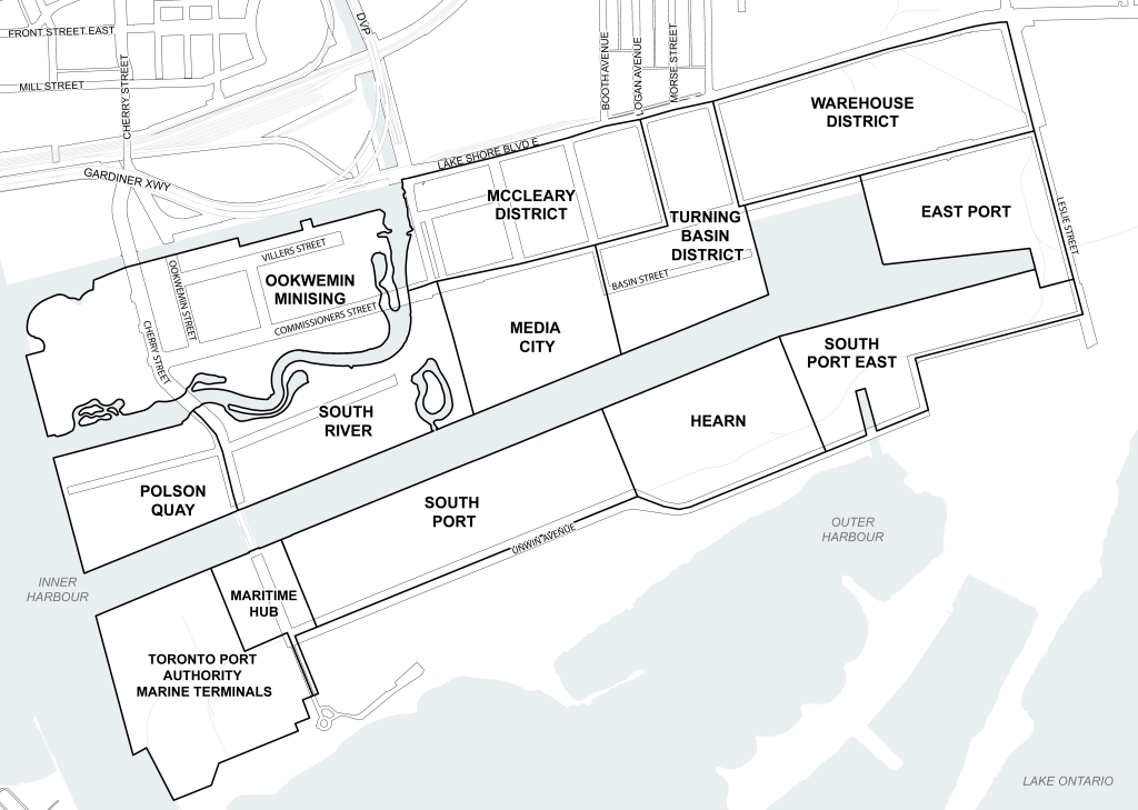 Map outlining 13 districts in the Port Lands: Ookwemin Minising, McCleary District, Warehouse District, Polson Quay, South River, Media City, Turning Basin District, East Board, Toronto Port Authority Marine Terminals, Maritime Hub, South Port, Heart, and South Port East.