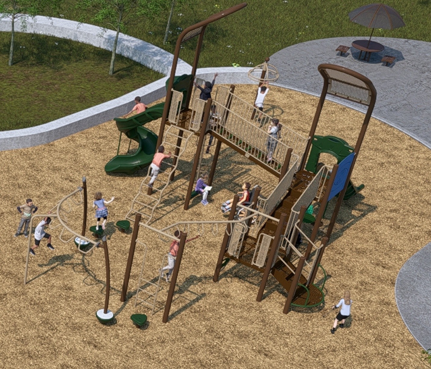 The final design for the new Driftwood Park playground, which has been refined based on community feedback. It will be earthy colours, like green, brown, beige and grey, with a pop of bright colour and include the play features listed below.