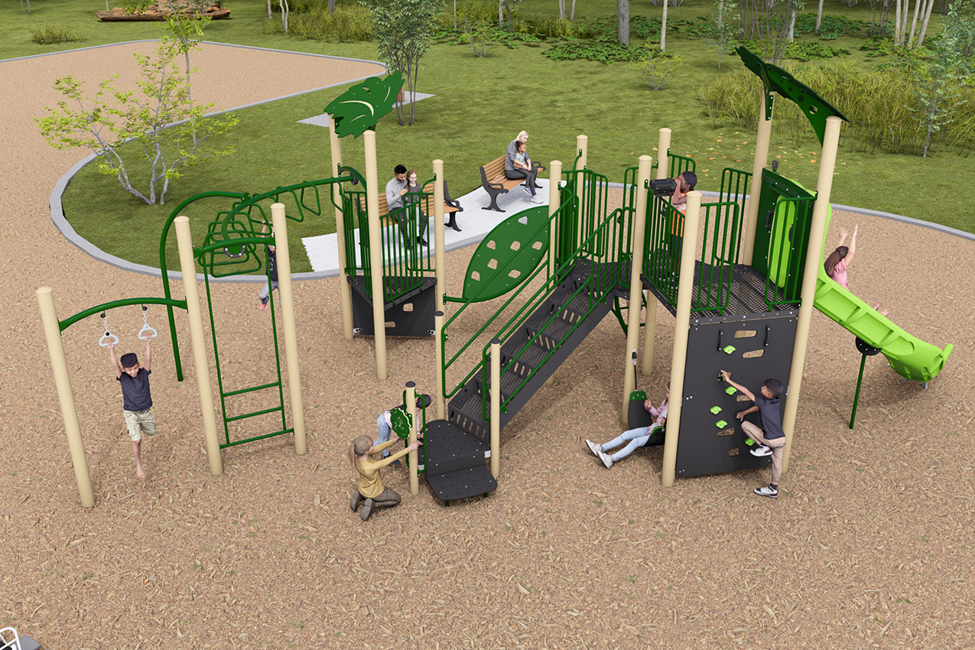 The final design for the new Highfield Park playground, which has been refined based on community feedback. It will be in earthy colours, like green, brown and grey and will include the play features listed below.