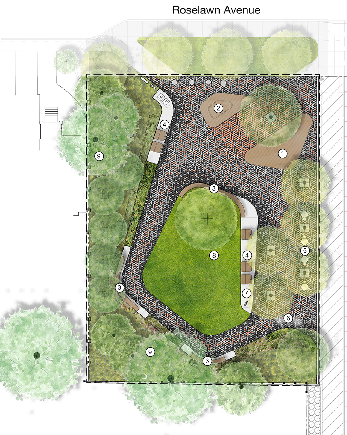 Park design consists of platform seating, playful lounge seating, bistro seating, large canopy trees, and pollinator garden surrounding the western and southern park boundary. A gentle grass-covered hill, that can be used as flexible place for gathering, is proposed near the center of the park with a pathway wrapping the western and southern side of the hill. A water misting feature and drinking fountain is located on the south east side of the park.