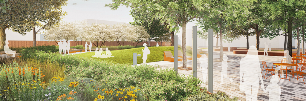 A perspective view looking northwest from the mid-block connection towards the gentle grass-covered hill, three vertical misting poles, playful lounge seating, and the pollinator garden. Bistro seating is underneath a small grove of trees to the east of the grass hill.