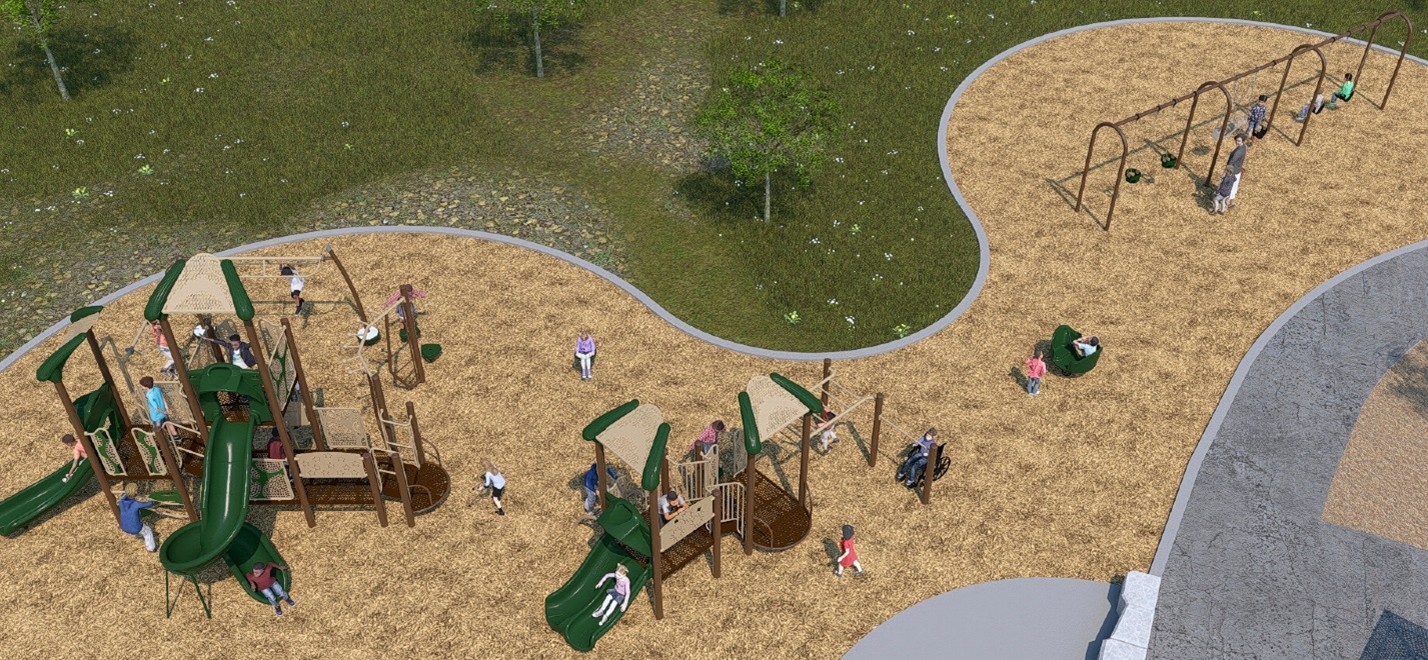 The final design for the new The Elms Park playground, which has been refined based on community feedback. It will be earthy colours, like green, brown, beige and grey, with a pop of bright colour and will include the play features listed below.