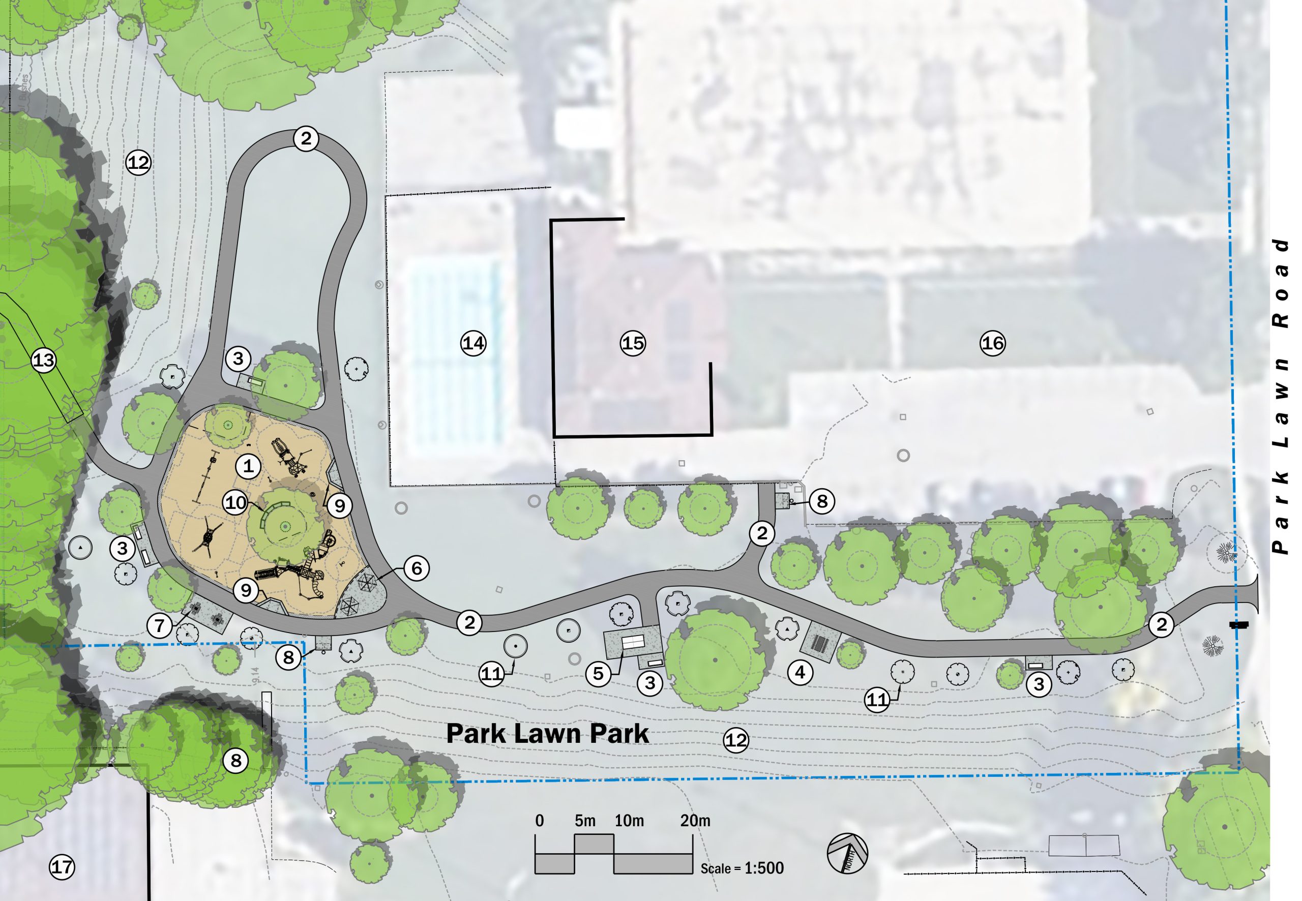 Map of the improvements to Park Lawn Park playground and surrounding area, with numbers corresponding to the list of features immediately after the image. The playground will remain southwest of the outdoor pool. A new pathway loops around the playground to the north and connects it to existing stairs to the west and Park Lawn Road to the east. Various seating areas are located along the pathway. 