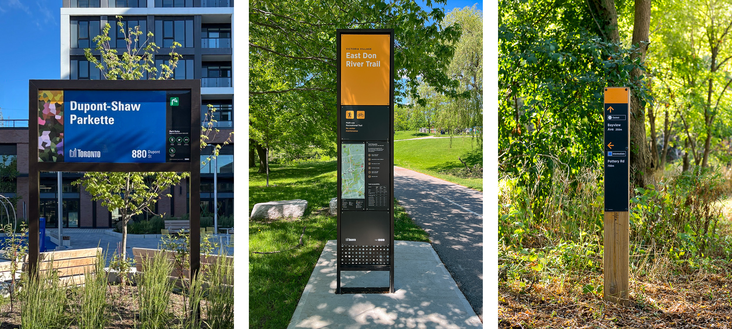 Three photos showing typical wayfinding signs in a park, beside a trail and in a natural area.