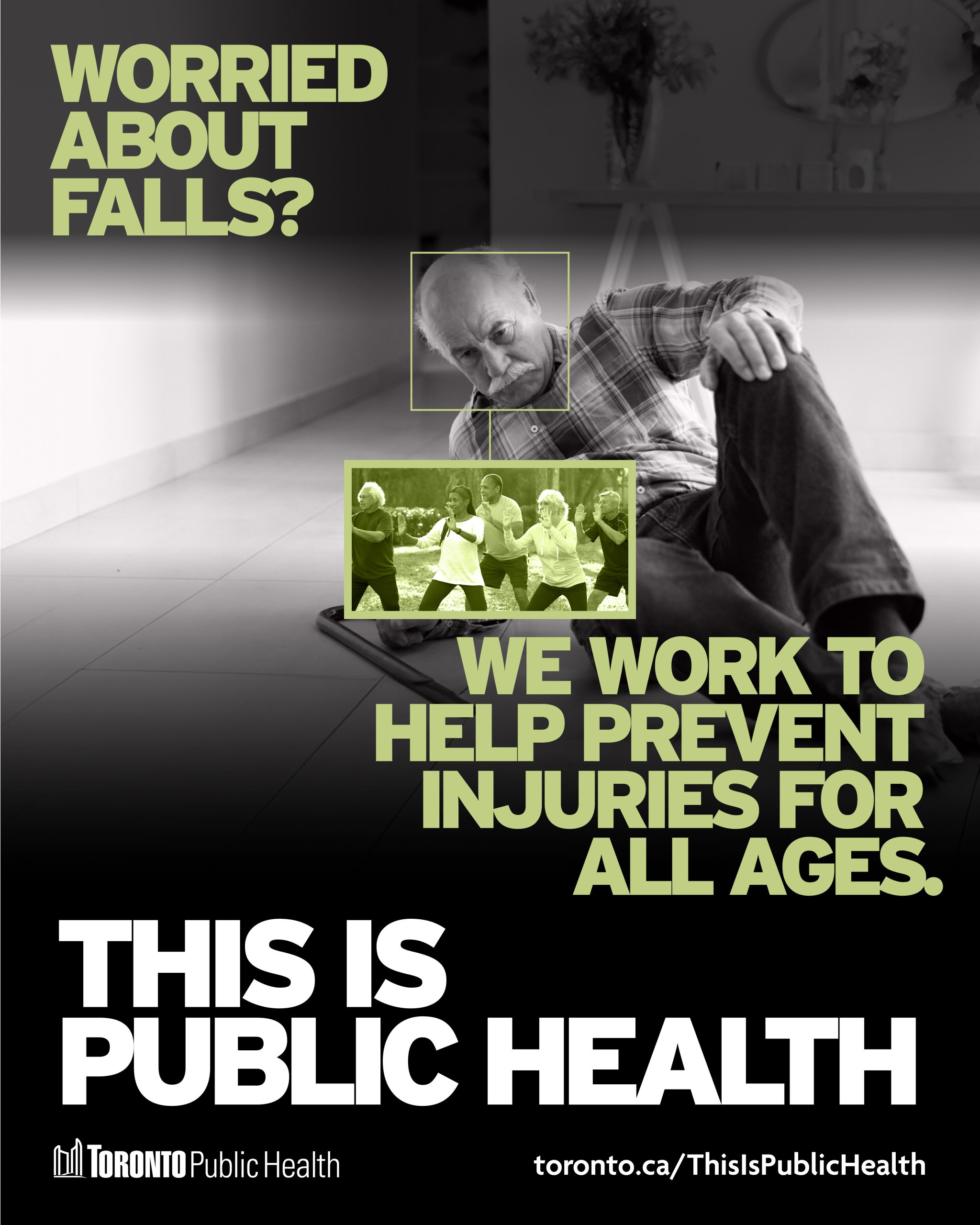 This is public health poster with "we work to help prevent injuries for all ages" in bold letters