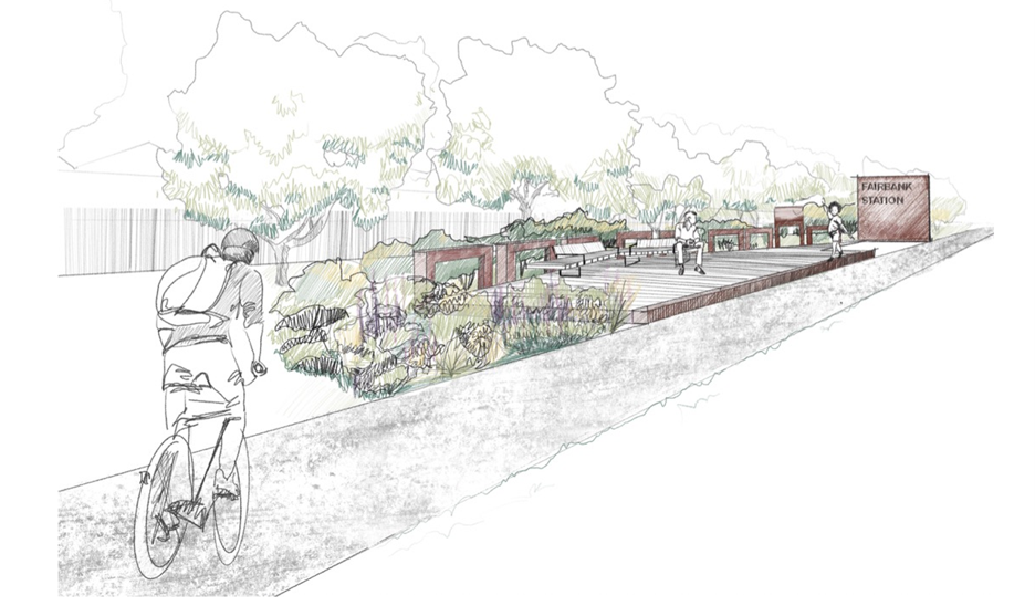 Conceptual rendering of the exterior installation for Fairbank Station, depicting a raised plaza with seating, plantings and shrubs along a pathway. Trees line one side of the plaza. A sign reading “Fairbank Station” is visible at the far end.