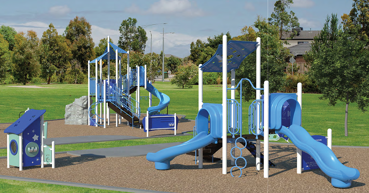 Option B playground shown from a wide rendered view, with blue-and-white play structures, safety surfacing, swings, climbers, sensory panels, and separate junior and senior play zones.