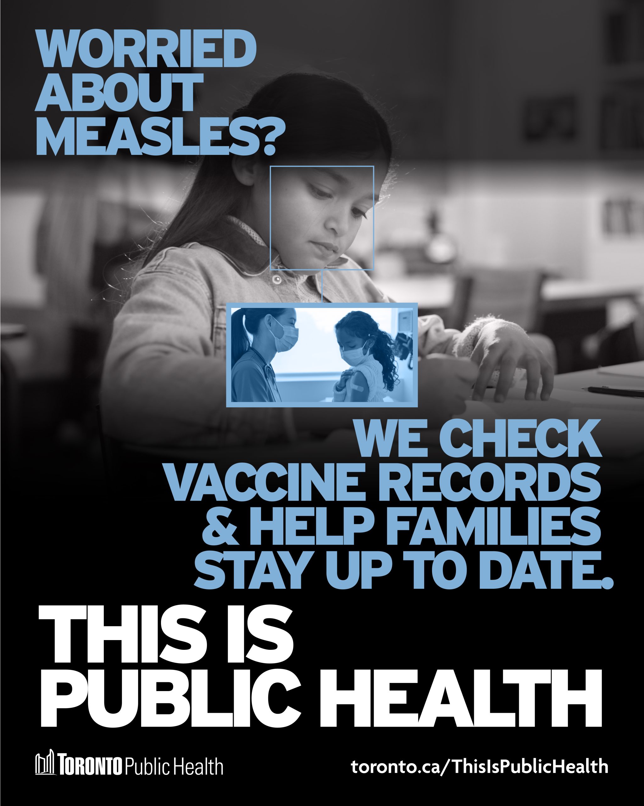 This is public health poster with "we check vaccine records & help families stay up to date" in bold letters