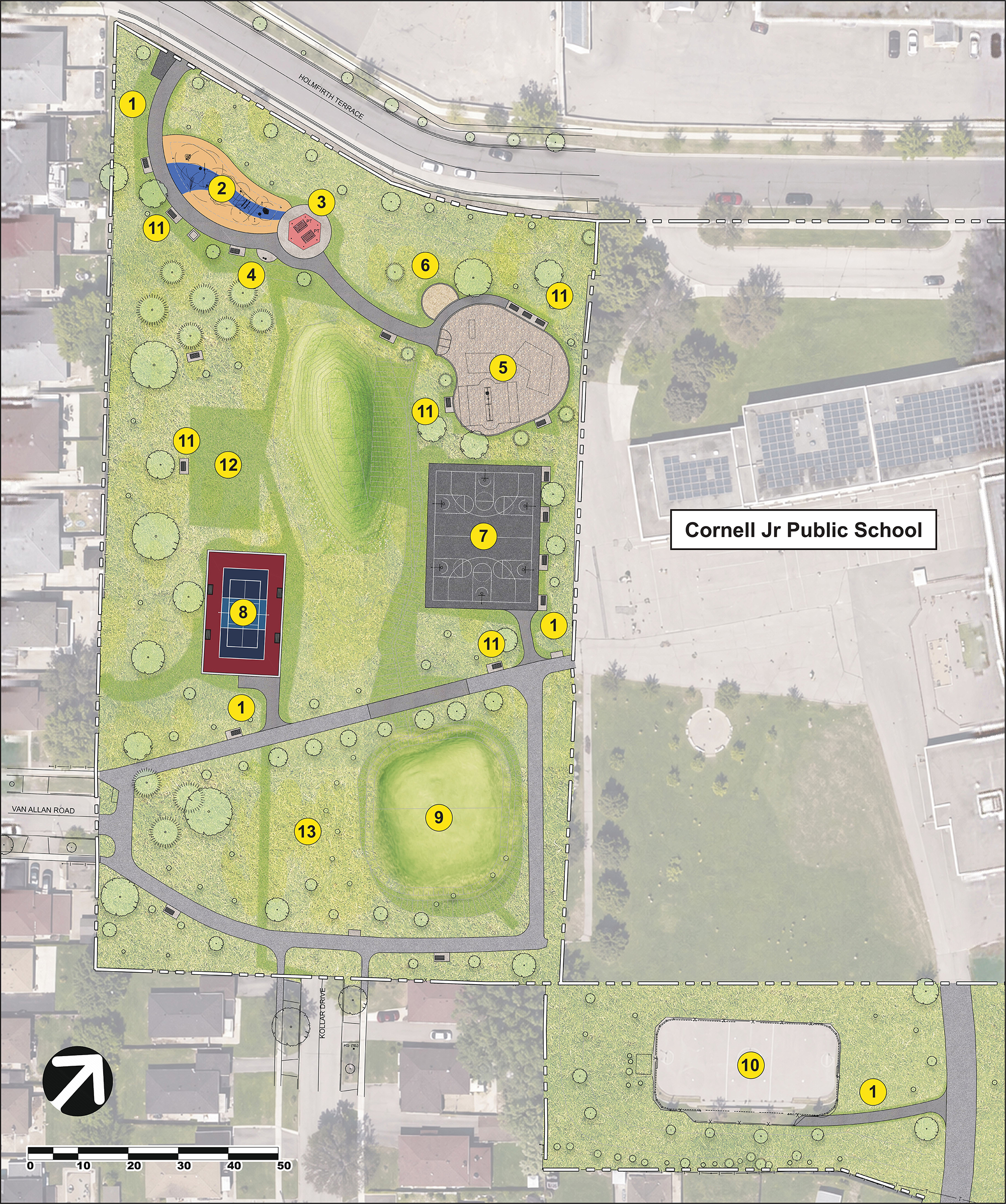 Numbered site plan of Cornell Park, bordered by Holmfirth Terrace to the north, Cornell Junior Public School to the east and houses to the south and west. Numbers correspond to the list immediately following the image
