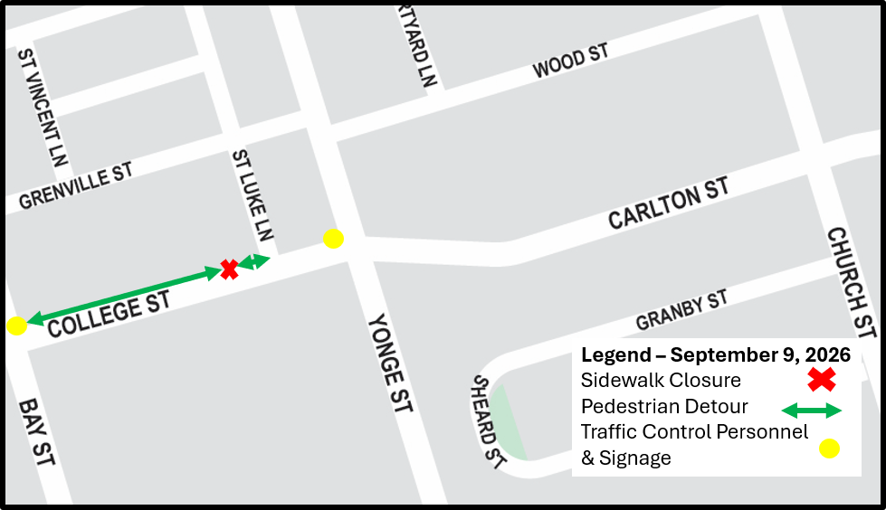 Map of the sidewalk closure area at 20 & 14 College Street. Please contact Mark De Miglio at mark.demiglio@toronto.ca or call 416 395 7178 for more information.