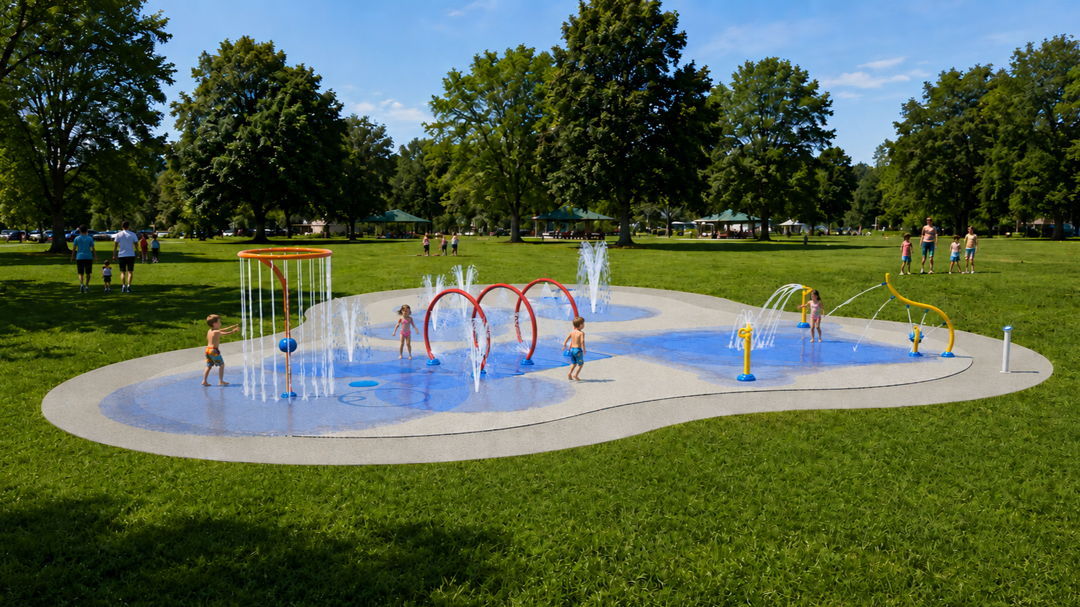 Splash pad option B, Modern Themed, shown from a wide front view in a grassy park setting. Children play among red spray loops, vertical fountain sprays, an orange overhead spray feature, yellow tube spray elements, and ground-level water effects.