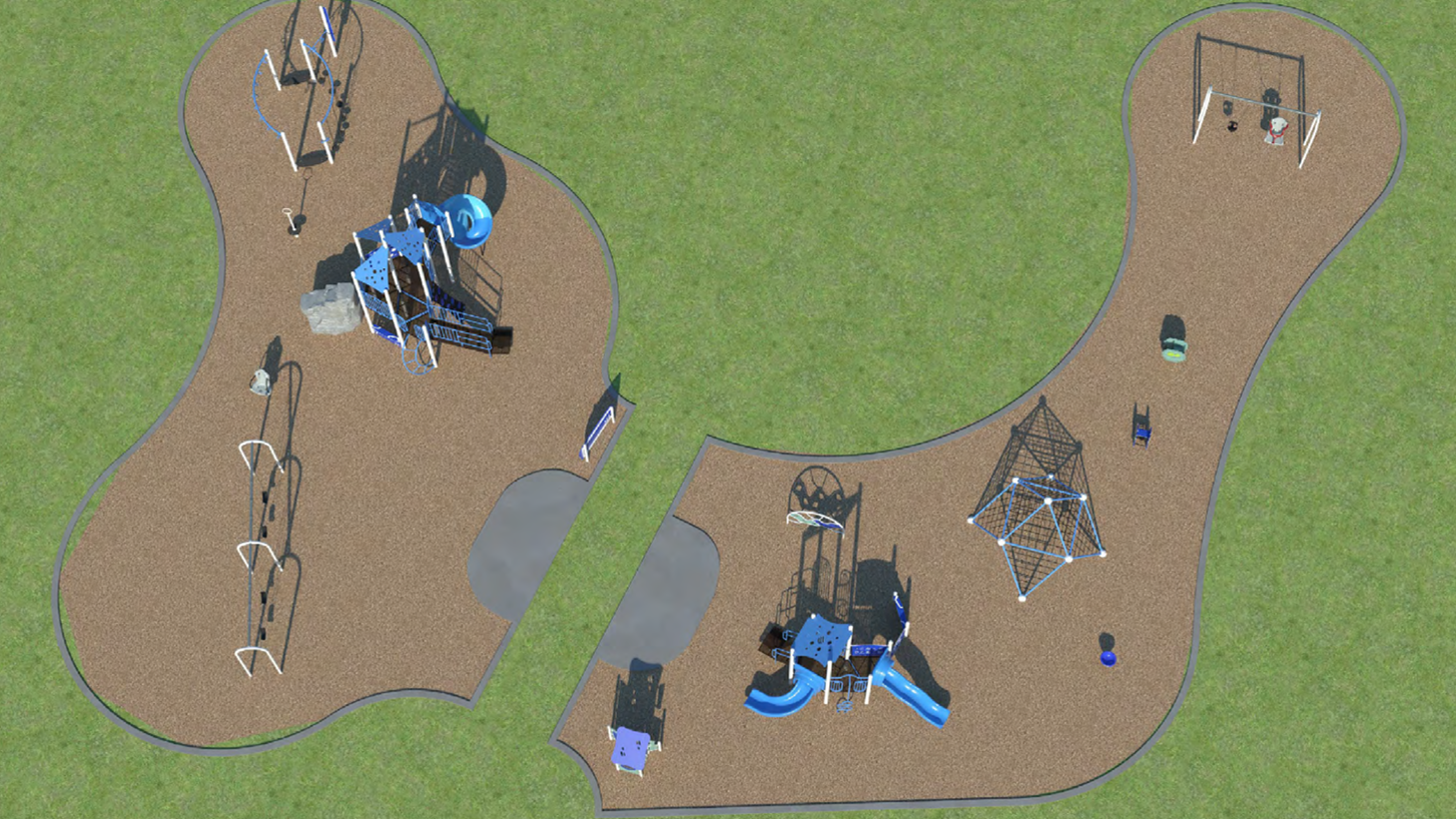 Rendering of playground design option B from a bird's eye view, showing both junior and senior play sections, with play structures, two swing sets and standalone play features.