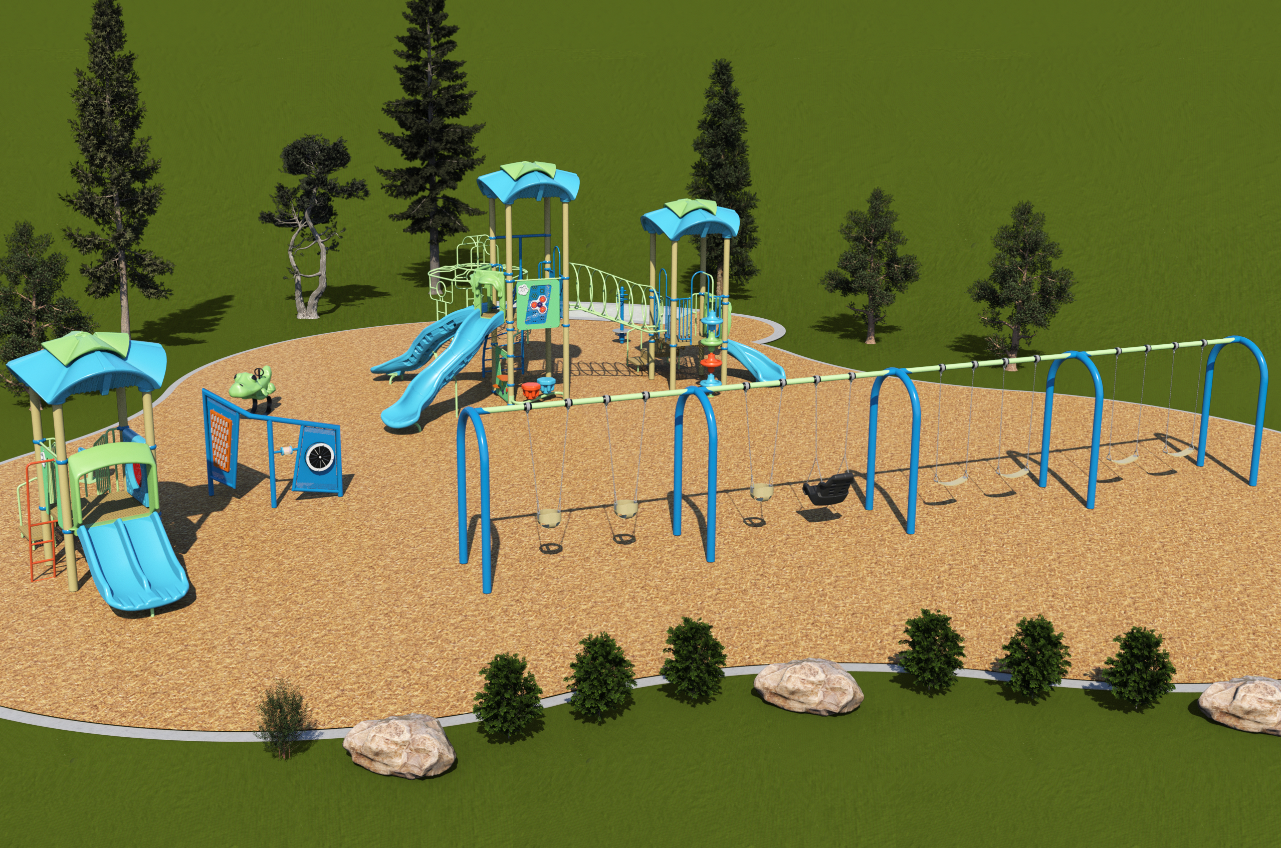 The final design for the new Densgrove Park playground, which has been refined based on community feedback. It will be a mix of bright warm colours and vibrant cool colours and will include the play features listed below.