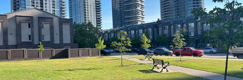Open grassy park area with a paved pathway, benches and young trees. A row of townhouses and parked vehicles line the edge of the park, with several high-rise residential towers in the background under a clear blue sky.