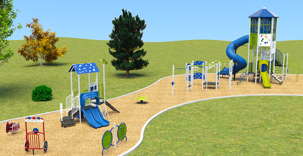 Option C playground shown from a wide ground-level view, featuring the junior play structure, activity panels, We-Spin spinner, fire engine play component, spring rider, and senior tower play area in the background.