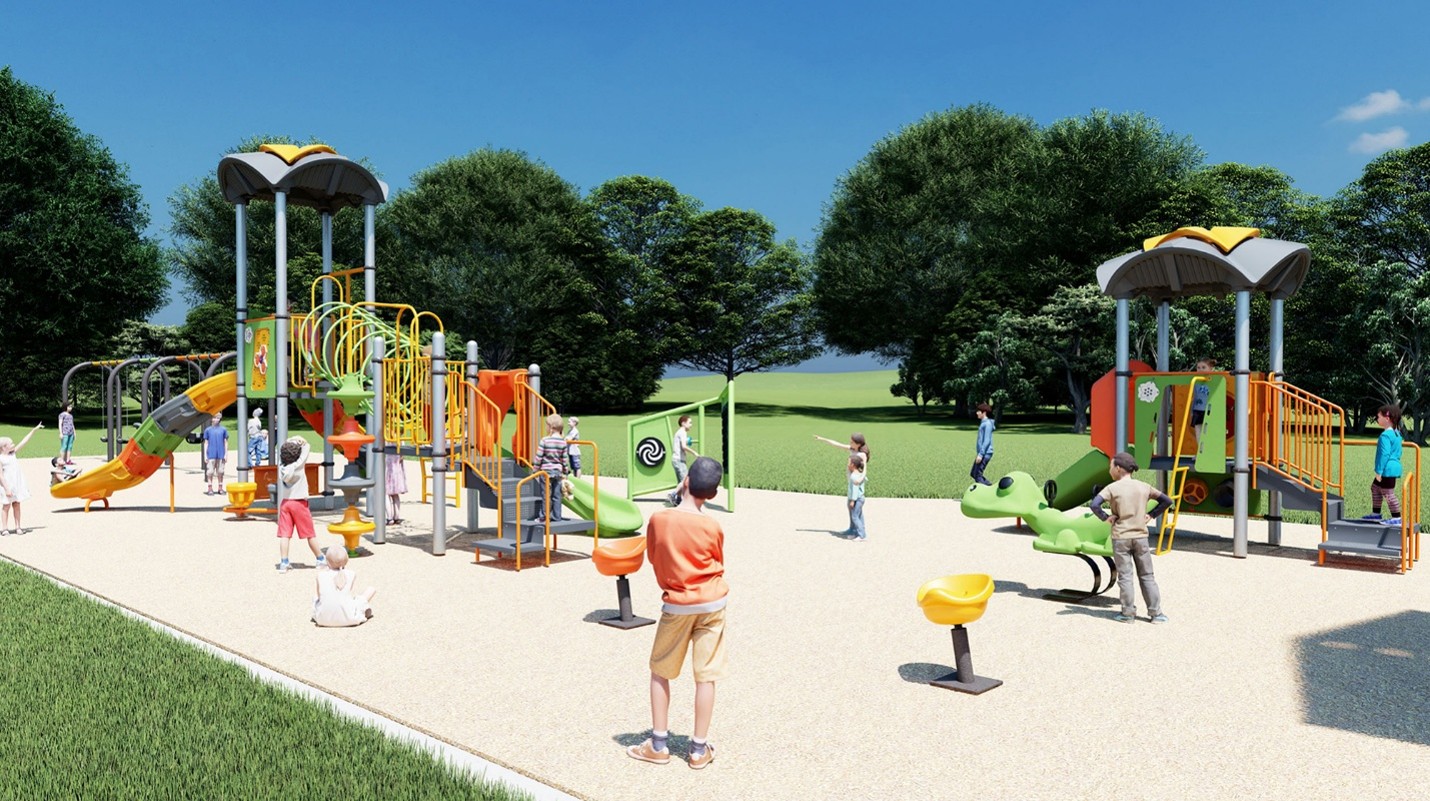 The final design for the new Denison Park playground, which has been refined based on community feedback. It will be a mix of both earthy and bright colours and will include the play features listed below.
