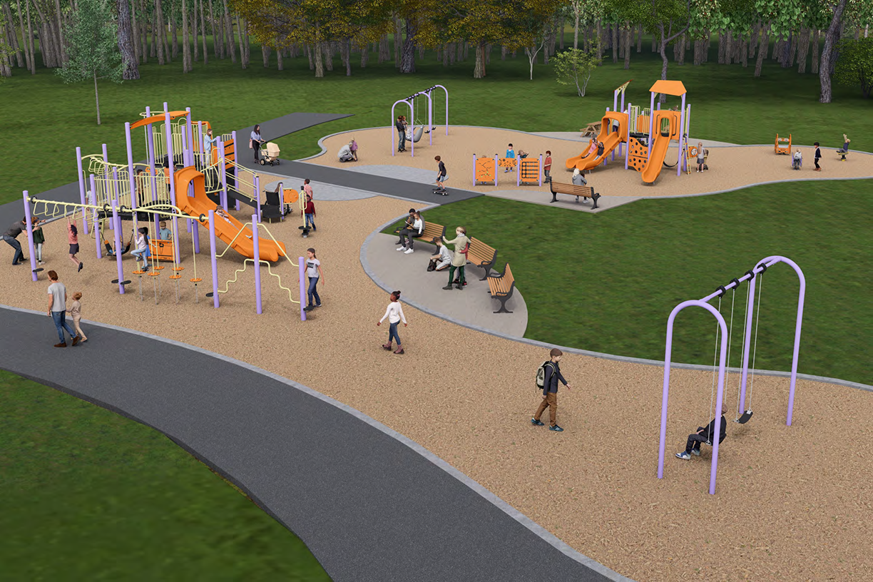 Option A playground shown from an elevated perspective, highlighting the junior play structure, swing areas, creative play panels, picnic tables, benches, and children playing across the protective surfacing.