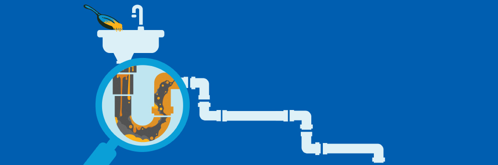 Illustration of a frying pan pouring oil down the drain and closeup of pipes blocked with fats, oils and grease.