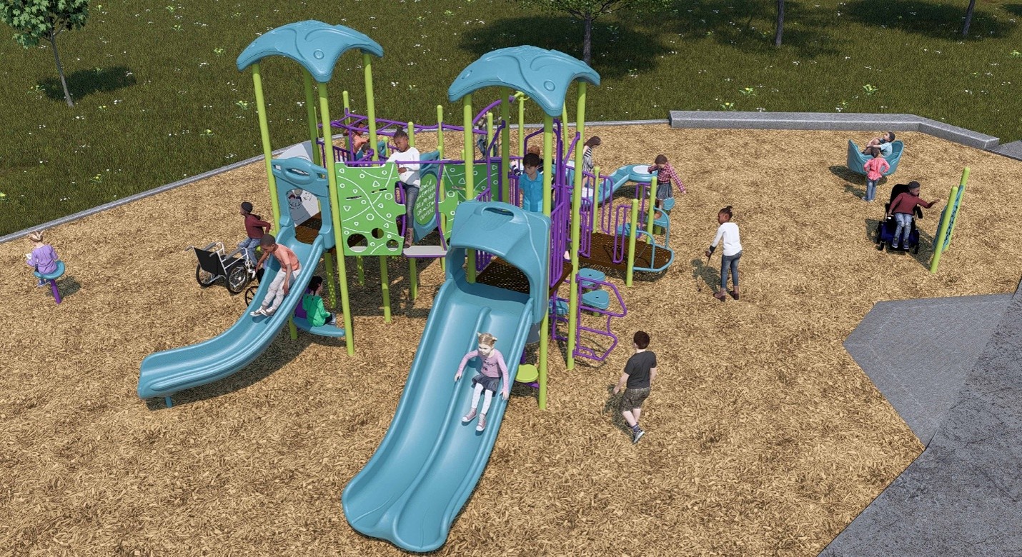 The final design for the new Cayuga Park playground, which has been refined based on community feedback. It will be vibrant colours, like blue, turquoise and purple, and will include the play features listed below.