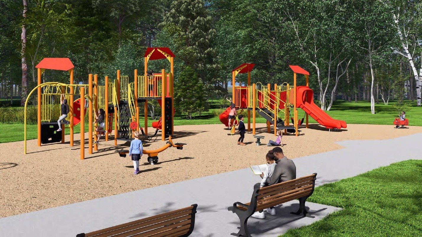 The final design for the new Millwood Park playground, which has been refined based on community feedback. It will be earthy colours, like green, brown, beige and grey, with a pop of bright colour and will include the play features listed below.