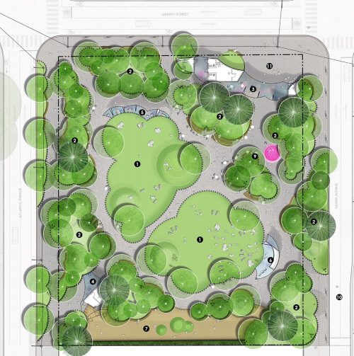 Site plan featuring trees mostly around the perimeter with two large grass lawns in the middle for gathering, separated and surrounded by paved pathways, and with swing pavilion next to one lawn, while caravan pavilion next to the other lawn. Dog off-leash area is at south end of park. Gatehouse pavilion and washroom in northeast corner of park.