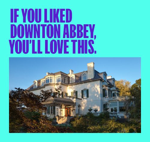Blue square with exterior view of Spadina Museum and the text explore Toronto's hidden history if you likes Downton Abbey, you'll love this