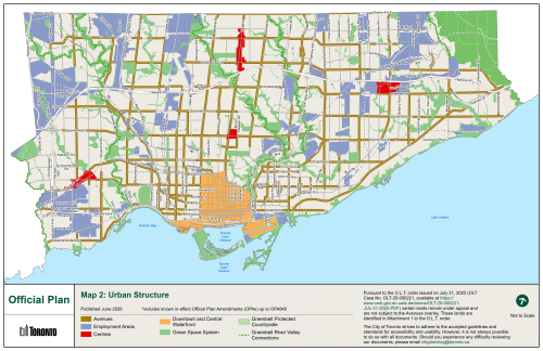 Map 2 Urban Structure shows the location of Avenues, Employment Areas, Downtown and Centres, Green Space System, Greenbelt Protected Countryside and Greenbelt River Valley Connections.