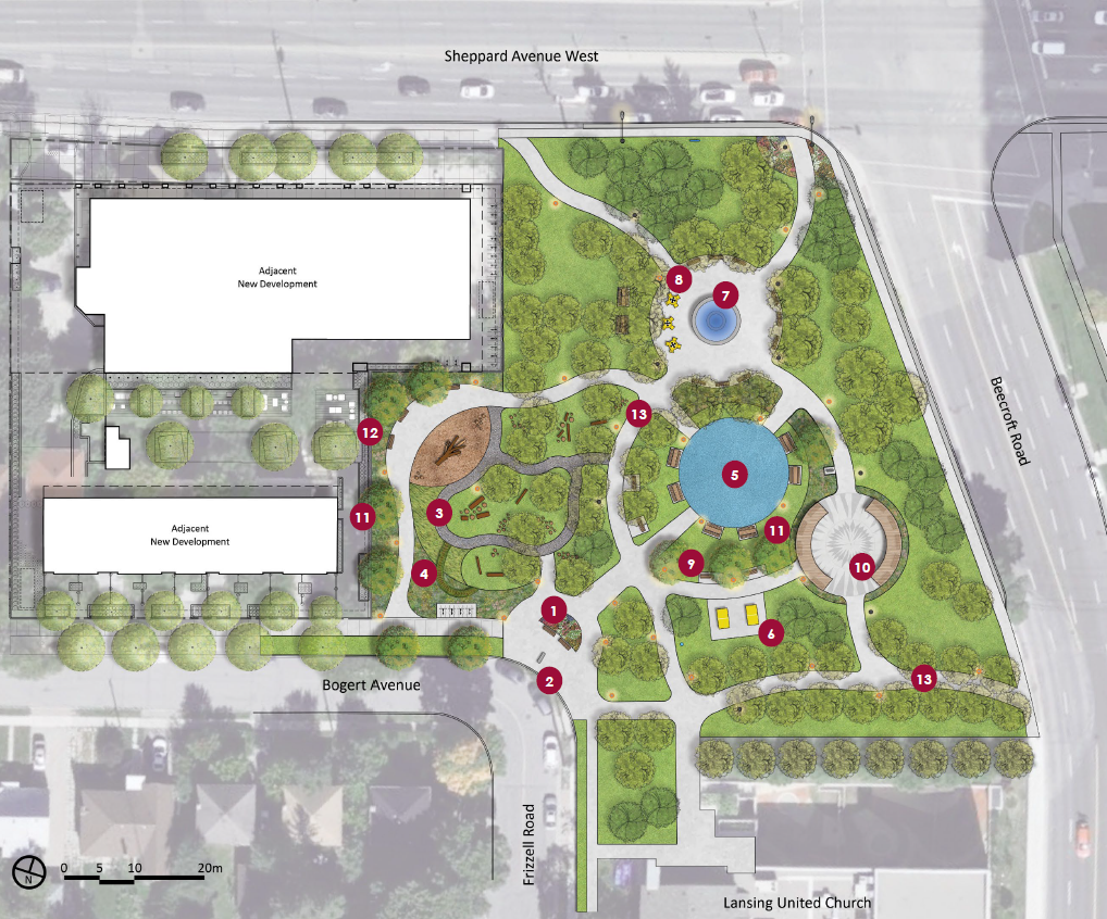 Coloured aerial plan of Design Option 1 with numbers that correspond to the list of features after the image. The proposed splash pad is in the centre of the park (slightly north of the pergola plaza) and surrounded by benches. The proposed play areas are located on the west end of the park.