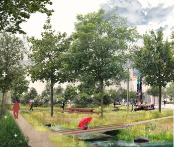 Rendering of pedestrian view of park showing trees, people walking on pathways and sitting at picnic tables, a child crouching in the foreground, and public art in background.