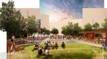 Rendering with people sitting on grass and chairs watching the sunset. Trees frame the area and sheltered pavilion can be seen to one side with people sitting under it. The public artwork can be seen in the background.
