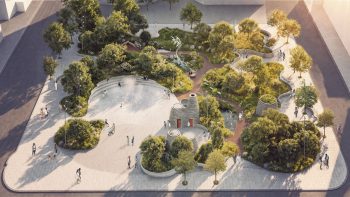 Aerial view of the overall park looking southward, showing the civic plaza in the foreground and featuring the washroom and storage pavilions, the landmark sculpture and area of dense trees and planting.