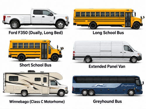 Image of a Ford F-350, long school bus, short school bus, extended panel van, Winnebago, and greyhouse bus