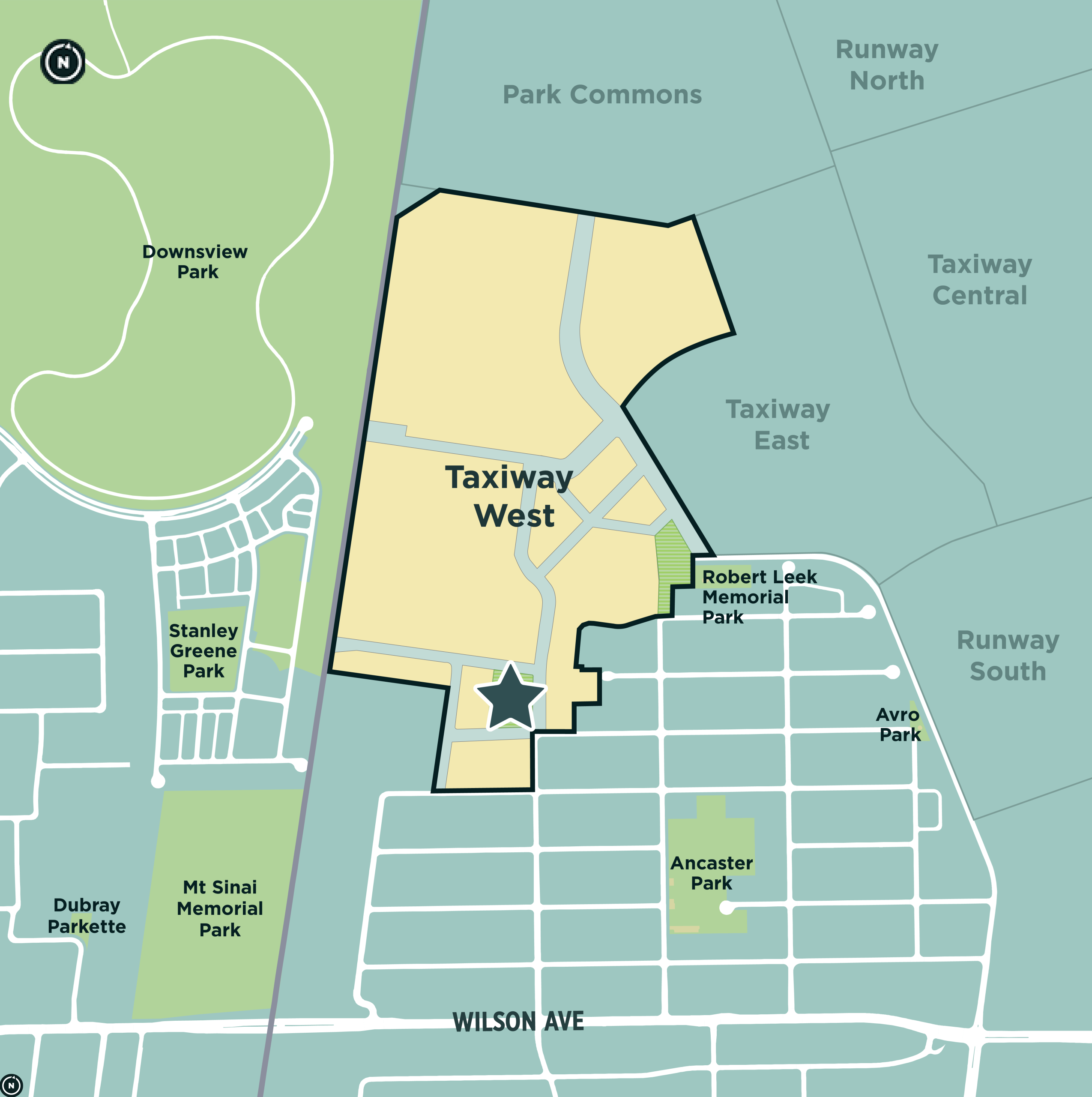 A map highlighting the Taxiway West area in Toronto, with a star marker indicating a specific location within the neighbourhood, bordered by Wilson Avenue to the south and surrounded by nearby parks and districts.