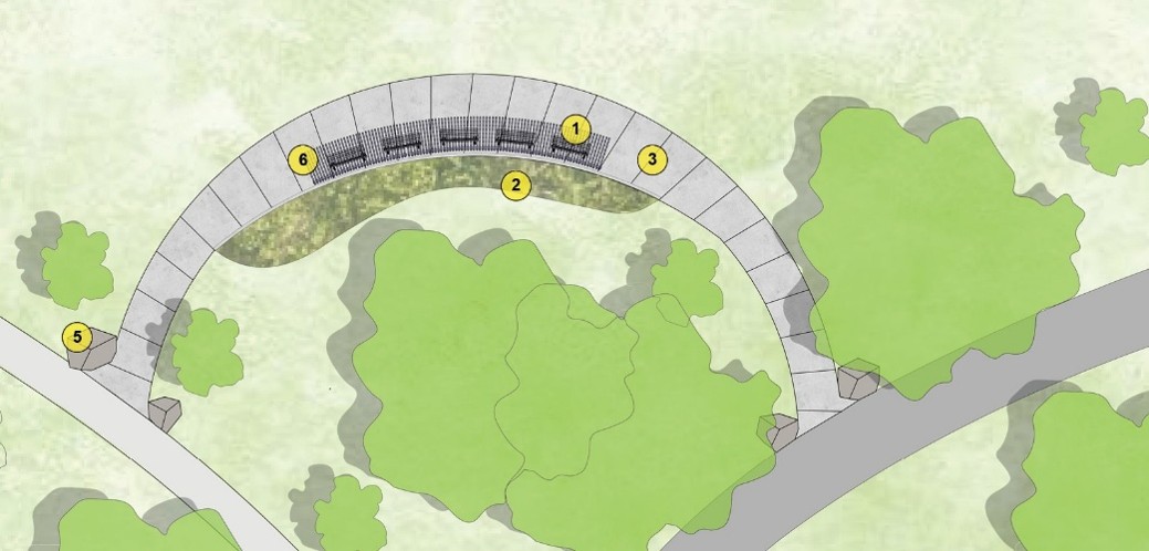 A detailed site plan of the preferred design. This is Detail Plan 3 in the larger overall site plan. The detailed plan shows a new curved, concrete pathway extending off the existing park path. The new walkway leads to a covered curved shade structure with benches facing the existing field and a large planting bed along the proposed pathway behind the benches. Natural boulders are positioned as gateway features to the pathway.